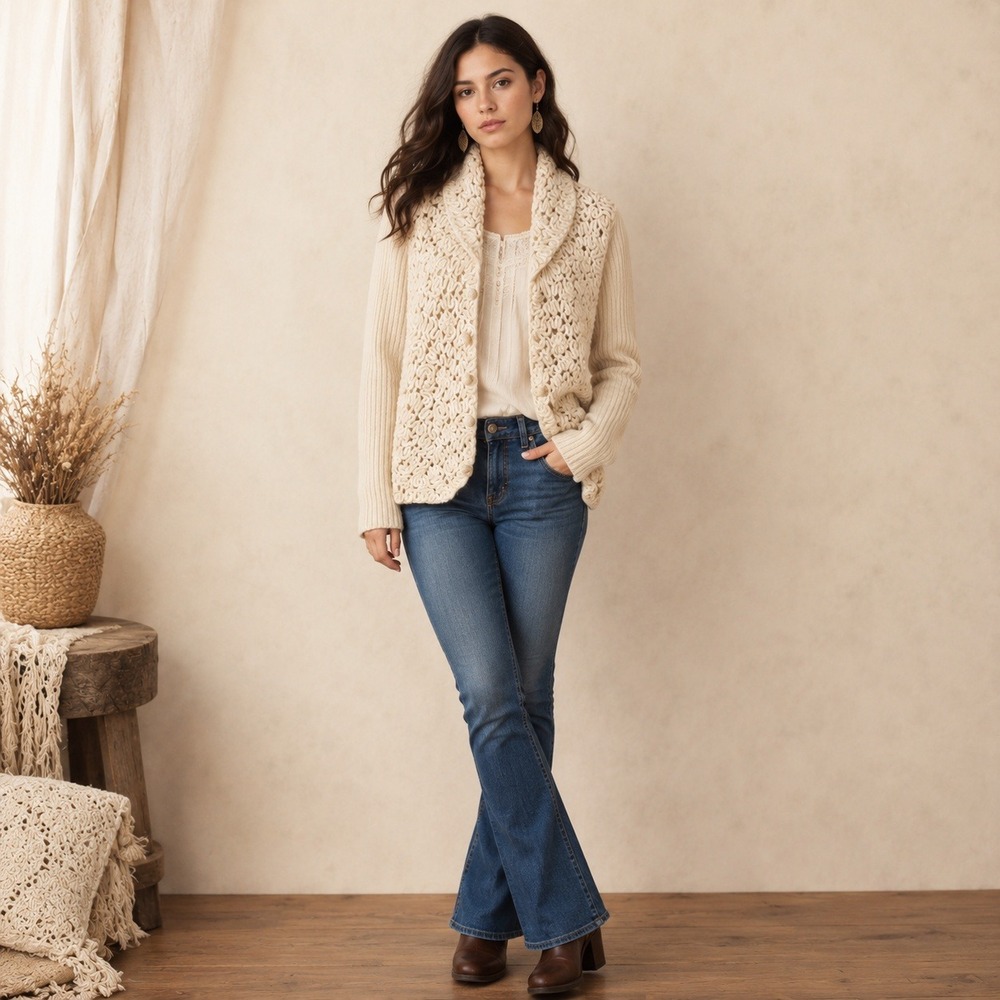 Coldwater Creek Cardigan Women L Cream Vintage Y2K Angora Wool Crochet Boho Cozy